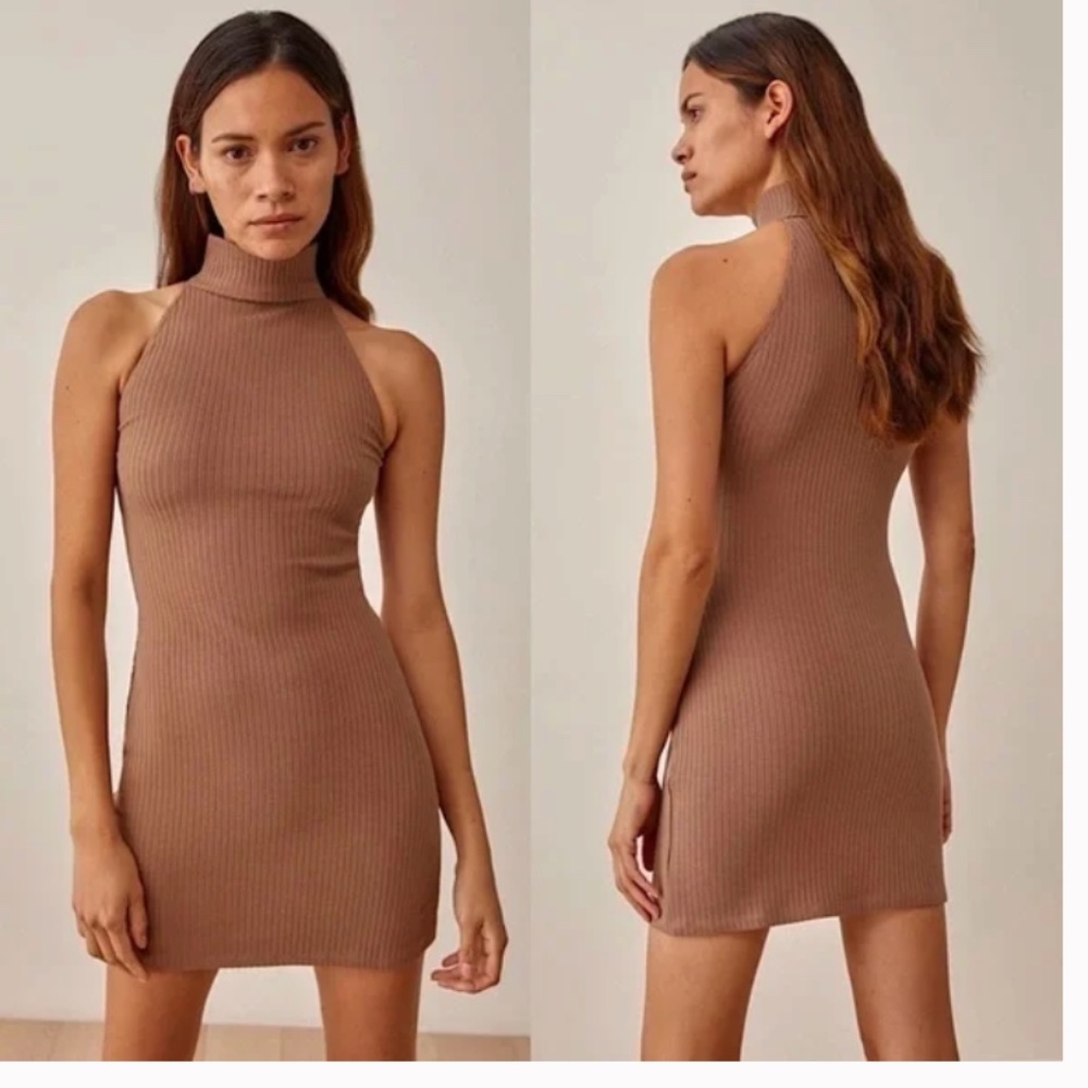 Reformation Knit Sleeveless Turtleneck Dress, Size S, Taupe/Brown